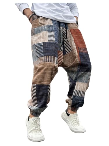 Men's Color Block Patchwork Baggy Harem Pants Drawstring Elastic Waist Hippie Pants with Pockets Streetwear