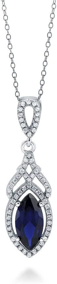 BERRICLE Sterling Silver Halo Art Deco Pendant Necklace for Women, Sapphire-Blue Marquise Cut Cubic Zirconia CZ 18 inch