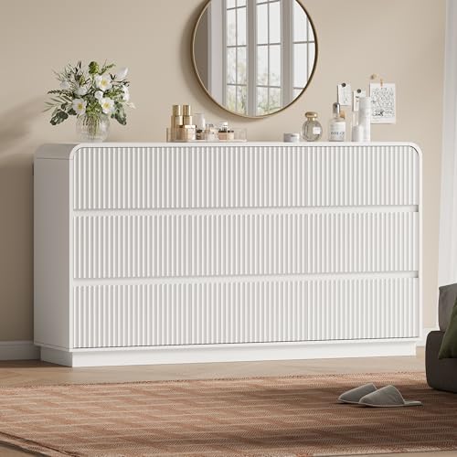 Image of Wodeer White Dresser Fluted 9 Drawers Dresser for Bedroom, 59 inch Wide Wood Chest of Drawers with Hidden Handles & Rounded Corners, Modern TV Stand Storage Cabinet for Living Room, Hallway, Entryway