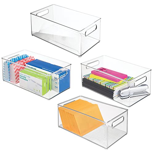 mDesign Deep Plastic Storage Organizer Container Bin, Office Organization for Filing Cabinet, Cupboard, Shelves, and Desk - Holds Notepads, Pens, Pencils, Highlighters, Ligne Collection, 4 Pack, Clear