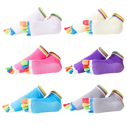ZOCONE 6 Pares Calcetines Cinco Dedos Mujer Pilates Calcetines Yoga Antideslizantes Algodon Colores Tobillero Yoga Socks para Deporte Ballet