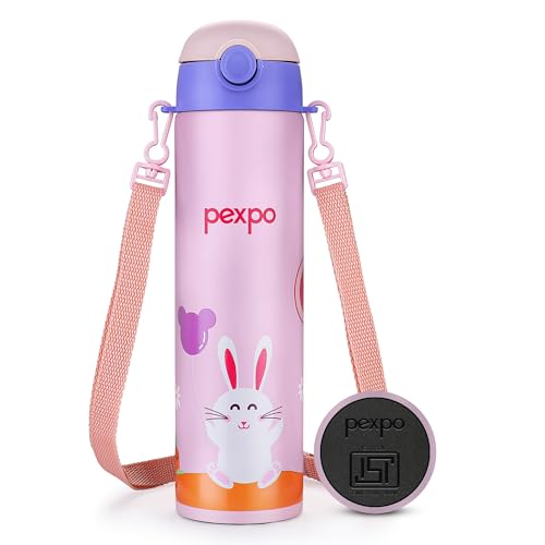 Pexpo Pixy 500 ISI Certified Stainless Steel Water Bottle for School Kids - 470ml | Double Wall | Hot & Cold Vacuum Insulated Flask | 4+ Years Kids | School, Picnic, Sports - Baby Pink Rabbit Print