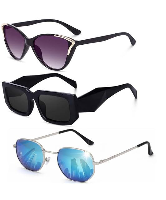 Y&S Unisex Goggle Combo| Combo Offer Pack of Branded Latest Stylish| Black Cateye Black Retro Blue Hexagonal for Men and Women with Box|3-1267