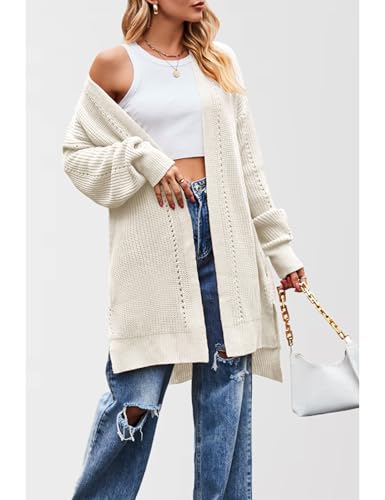Image of Antnation Women's Oversized Open Front Cardigan Lightweight Long Sleeve Knit Sweater with Pockets(White-S)