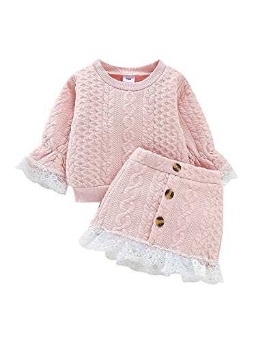 Winter 2 PCS Baby Girl Knit Clothes Long Sleeve Pullover Sweater Top + Lace Trim Buttons Skirt Oufit Set (Pink,6-9 Months)