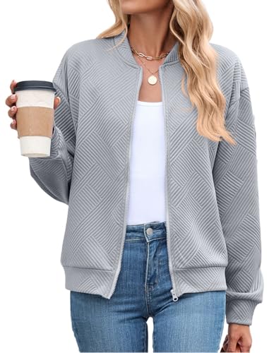 PANOZON Femmes Manches Longues Blouson Jacquard Bombardier Décontracté Zippée Veste de Baseball Légère(Gris,M)