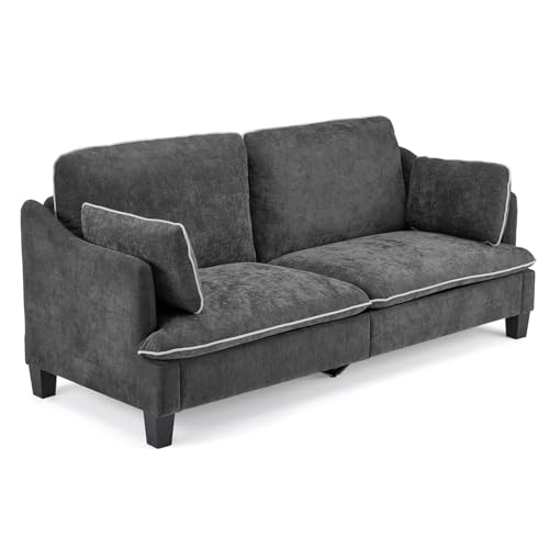 VINGLI 84" Sofa Couch, 3 Seater Extra Deep Seat Upholstered Living Room Couches with 2 Piped Seater Cushions, Throw Pillows, Modern Linen Velvet Fabric Sofa for Apartment, Bedroom, Office