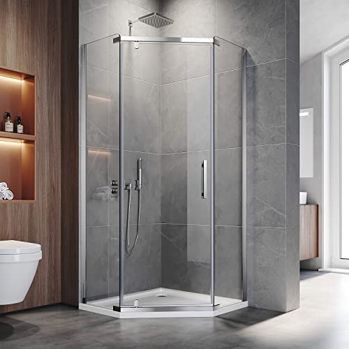 ELEGANT 900x900mm Semi-Frameless Pivot Pentagonal Shower Enclosure 8mm Tempered Glass Corner Shower Cubicle Door (900x900mm)