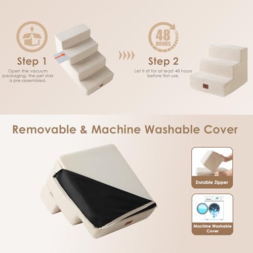 Image of EHEYCIGA Dog Stairs for Small Dogs 13.5 inch H, 3-Step Dog Steps for Couch Sofa and Chair, Pet Steps for Medium Cats, Non-Slip Balanced Pet Ramp Indoor, Beige