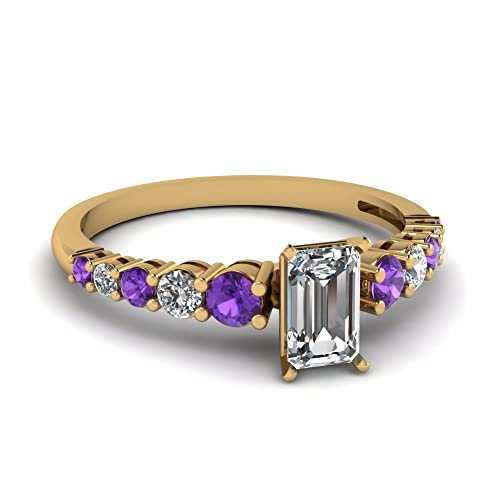 Image of Choose Your Gemstone Graduated Diamond CZ Engagement Ring Yellow Gold Plated Emerald Shape Petite Engagement Rings Lightweight Office Wear Everyday Gift Jewelry US Size 4 to 12