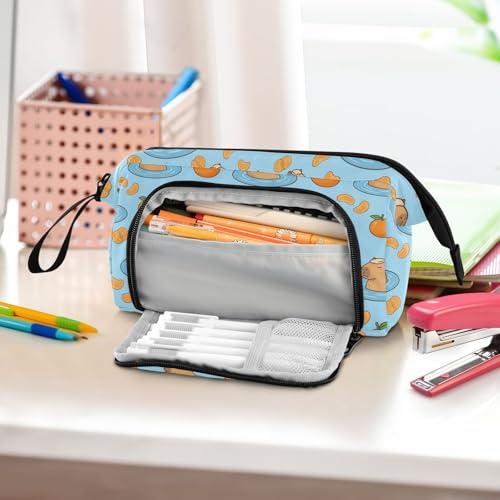 Image of Capybara Fruits Blue Print Pencil Case Pouch Big Capacity Pencil Bag Box Organizer Pen Case with Compartmens Stationery Organizer for Girls Boys Women School College Office