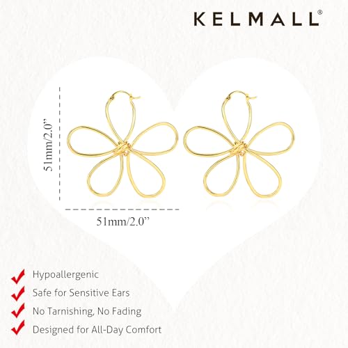 KELMALL 14K Gold Plated Large Flower Statement Earrings for Women – Big Floral Leaf Wing Design, Hypoallergenic Dangle Drop Piercing Earrings3