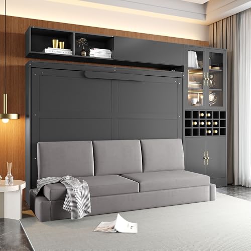 VilroCaz Queen Size Murphy Bed with Sofa, Shelves, USB & Light, Can be Folded Wall Bed and Tall Cabinet with Glass Doors& Wine Rack, Space-Saving Design (Gray-5.28, Queen)