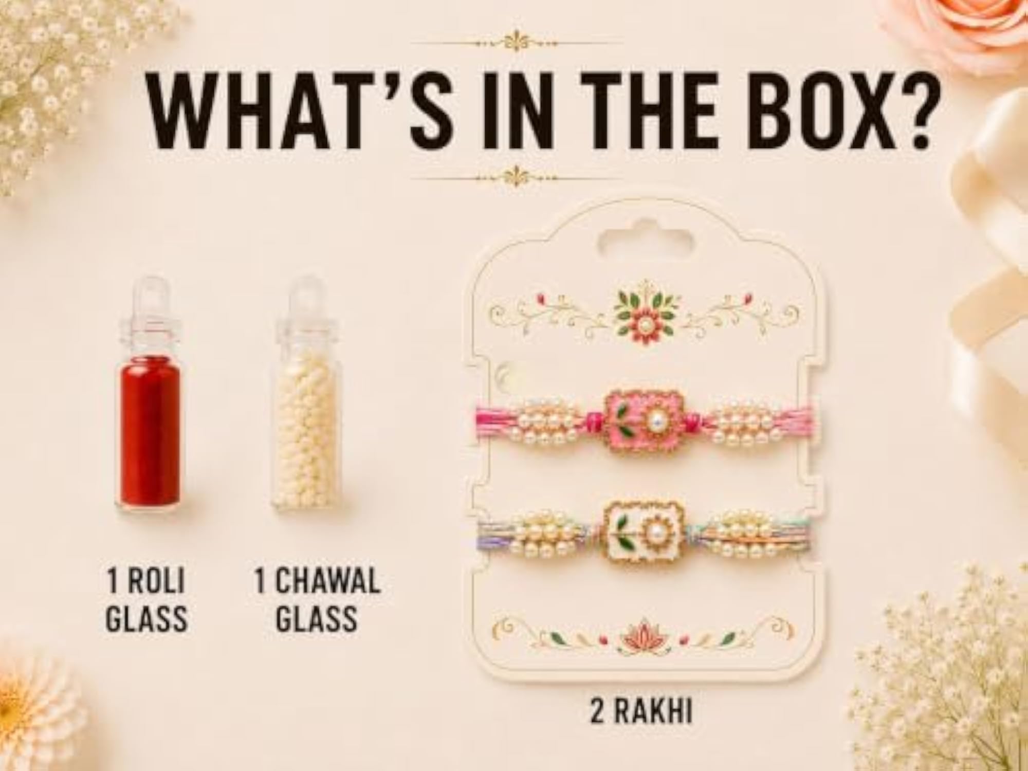 Minimalist Floral Pearl Rakhi Set for Brother & Kids