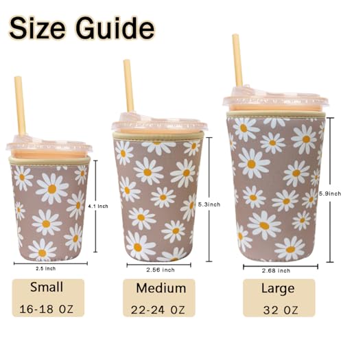 Image of Reusable Insulated Sleeve for Iced Coffee Cup, Coffee Neoprene Sleeve for Cold & Hot Drinks, Beverage Holder for Iced Coffee (Sunny Daisies, Medium: 22-24oz)