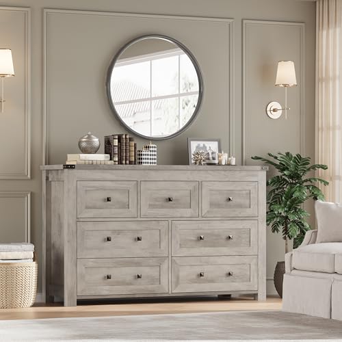 Image of BORNOON 7-Drawer Dresser, Modern Wooden Storage Chest of Drawers, Dresser TV Stand, Wood Drawer Organizer with Metal Handles for Bedroom, Living Room, Hallway