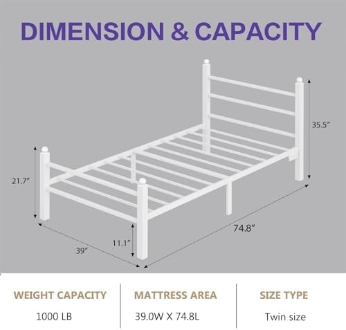 Diagram showing the dimensions of the Twin bed frame and its weight capacity.
