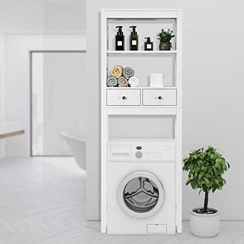 Multigot Bathroom Space Saver, Over the Toilet Storage Rack with Drawers & Open Shelves, Wooden Freestanding Washing Machine Organizer Unit(White, without Back Panel)