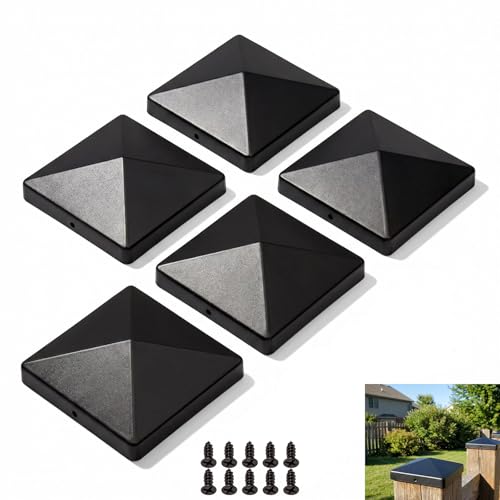 5 Pack 4x4inch Post Caps Black Universal Fence Post Caps for Wood Posts Deck Posts Garden Pillars & Railings Rustproof Outdoor Post Top Covers with Screws Included
