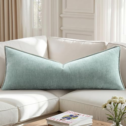 Image of decorUhome Fall Chenille Soft Cozy Throw Pillow Covers 14x36 Set of 1, Modern Farmhouse Boho Velvet Decorative Pillow Cases with Stitched Edge for Couch Sofa Bed Home Decor, Aqua Haze