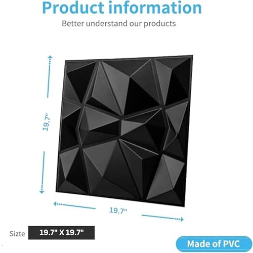 Image of Kayra Decor 3D Wall Panel PVC Diamond Design, Black Color (19.7 X 19.7, (Pack of 12) Covers 32.28 Sq. Ft.