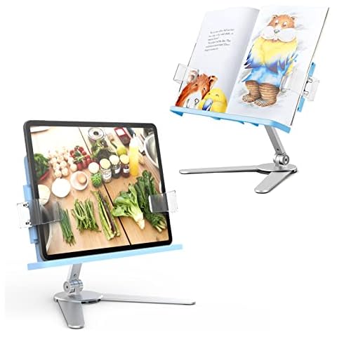 Book Holder, Inifispce Book Stand for Reading, Adjustable Height&Angle Aluminum Cookbook Stand for Kitchen Office School, Desk Book Holder for B6-A4 Books, 7-13" Tablets Hands Free (Blue) Cover