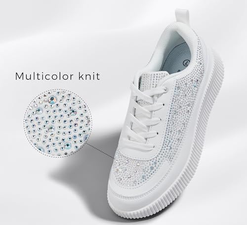 لاكي ستيب حذاء رياضي بكعب سميك للنساء مزين باحجار الراين بتصميم عصري كاجوال لامع ومضفر (ابيض Rh، 41EU-10US)