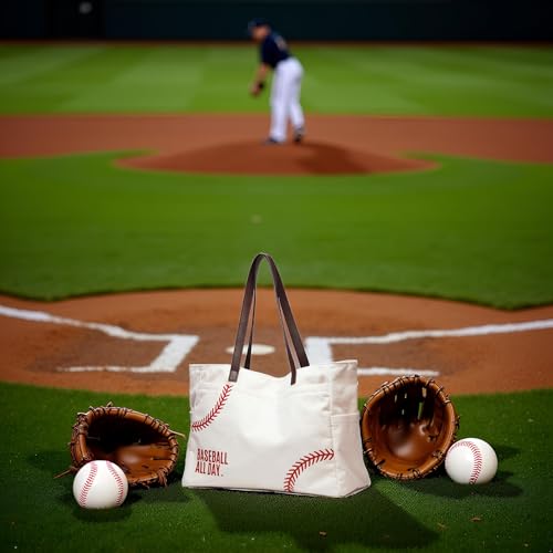 XL Red Embroidery Baseball Mom Canvas Tote Bag with Pockets Women Handbag by JIU HONG CHAO - Used condition - Image 2
