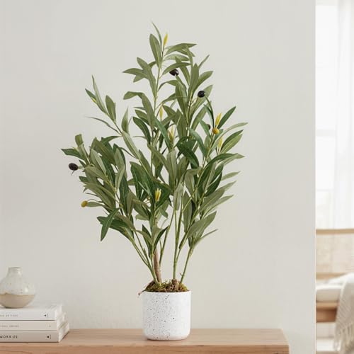 Artificial Olive Tree 2 ft, Potted Faux Plant with Lifelike Leaves & 8 Fruits, Evergreen Decorative...