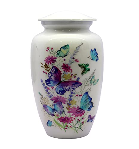eSplanade Metal Cremation Urn Memorial Jar Pot Container | Full Size Urn for Funeral Ashes Burial | Colorful Butterflies Print | White - 10" Inches by eSplanade - Image 3