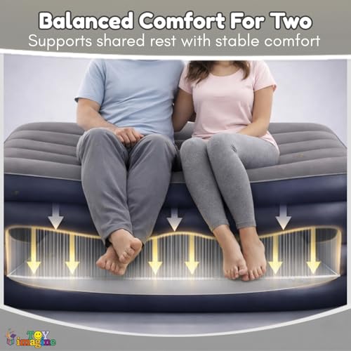 Image of Toy Imagine Inflatable Queen Air Bed with Electric Pump 6.66ft L x 5ft B Comfortable Raised Air Mattress for Guests, Indoor Use, Travel & Camping | Soft Flocked Surface