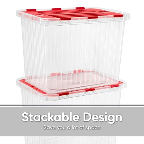 Image of Superio Red Storage Box with Red Hinged Lids, Plastic Container Bins for Organizing with Attached Lid, Stackable Crates, BPA Free, Organizers for Home and Office, 53Quart (20.25 inchx14 inchx14.6 inch)