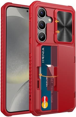 Image of Vihibii Polycarbonate For Samsung Galaxy S24 Back Cover With Card Holder (4 Cards) & Slide Lens Cover & Kickstand & Raised Edges Protect Screen,Shockproof Case For Samsung Galaxy S24 6.2 inch,Red