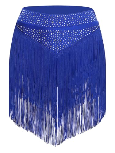 TiaoBug Damen Latin Rock Latein Tanzrock mit Quasten Glitzer Unregelmäßige Swingrock mit Sicherheits Shorts Flapper Outfits Blau M