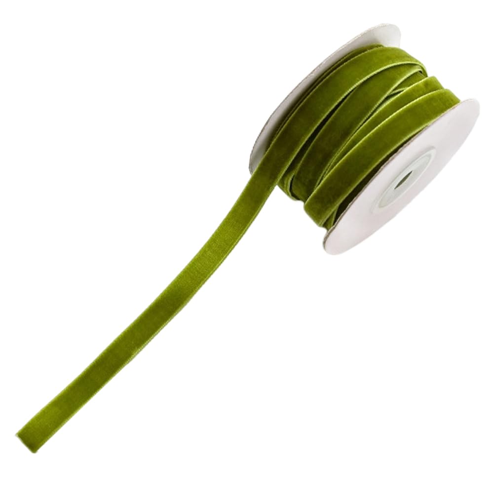 CABODYALS 2 Roll 20M 10mm Olive Green Velvet Ribbon Vintage Thin Single Face Soild Crushed Velvet Fabric Soft Ribbons Bundle Rolls with Spool for Christmas Tree Bridal Favors Invitations Craft DIY