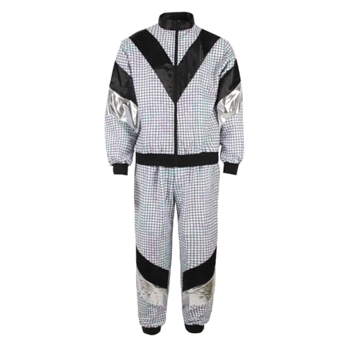 Ensemble veste de survêtement disco argenté et pantalon rétro brillant taille XL mixte