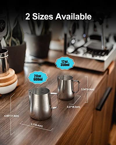 20 Ounces Stainless Steel Milk Frothing Pitcher, Measurements on Both Sides, Espresso Machine Accessories, Latte Art Cup with Insulated Handle, Creamer Pitcher for Single-Serve, No-drip or Spillage