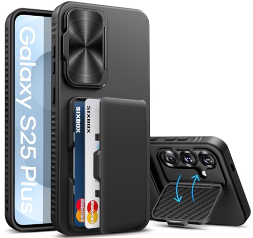SIXBOX for Samsung Galaxy S25+ Plus Case Wallet Built-in Stand & Card Holder & Camera Cover Full Body Protective Rugged Multifunctional Wallet Kickstand Phone Cover Case for S25+ Plus 2025 Black