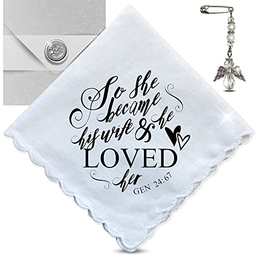 Sentimental Wedding Day or Anniversary Handkerchief from Groom to Bride So She Became His Wife and He Loved Her Bible Quote - Handmade Keepsake Affectionately Packaged with Custom Envelope & Note Card