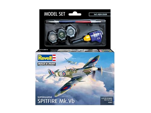 Revell Model Set 63897 Supermarine Spitfire Mk.Vb 1:72 Scale Unbuilt/Unpainted Plastic Model Kit with Contacta Professional Glue, Paintbrush & Selected Aqua Color Paints