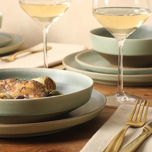 Image of Gibson Elite Octavia Place 16 Piece Stoneware Dinnerware Set, Service for 4, Coupe Modern Plates & Bowls, Reactive Glaze Finish, Green, Microwave & Dishwasher Safe