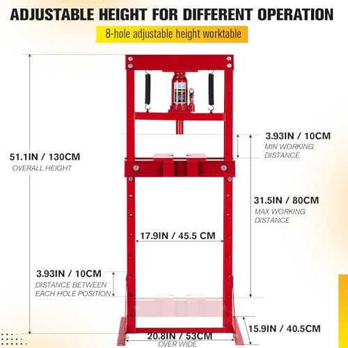 Image of Garvee Hydraulic Press 12 T, Hydraulic Shop Press, H Frame Benchtop Hydraulic Press with 2 Press Plates, Garage Floor Shop Press, Adjustable Work Table Height, Heavy Duty Press, Red