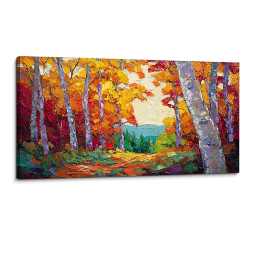 Canvas Wall Art Prints Autumn Birch Trees Abstract Leaves Colorful