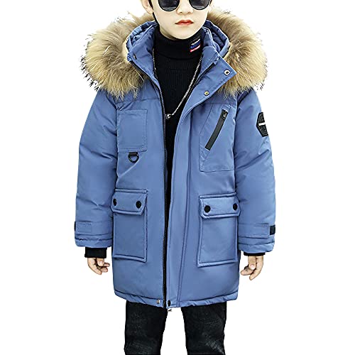 Aeslech Garçon Doudoune Chaud Enfant Manteau Hiver Rembourré avec Capuche Fourrure Blouson Epais Bleu Etiquette 130cm/7-8ans Cover