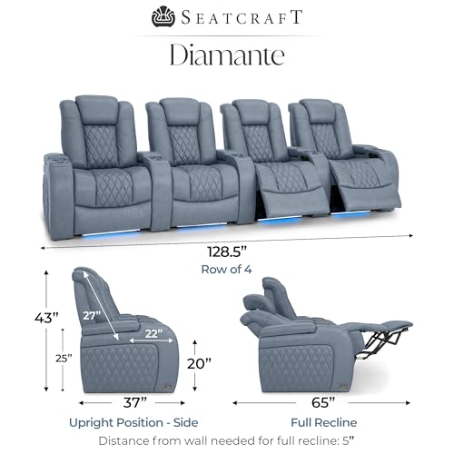 Image of Seatcraft Diamante Smokey Blue Italian Leather Home Theater Seating, Zero Gravity Power Recliner, Gaming and Home Office Chair, Powered Headrest Furniture for Family Cinema Room, Row of 4
