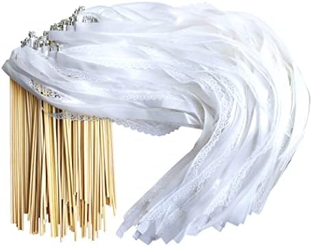 Kingsnow 100 Pieces Lace Wedding Ribbon Wands with Triple Ribbon and Silver Bell Wand Silk Fairy Stick Wand Streamers Party Ribbon Sticks Magic Fairy Wands for Wedding Bridal Shower Photo Prop Send Off Party Activities Holiday Celebration Favors