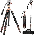 K&F Concept 68" Carbon Fibre Tripod, Camera Tripod with Fluid Head Max Load 11lbs/5kg, Compact Tripod with Monopod Compatible with Canon Sony Nikon DSLR, O255C4+FH-03