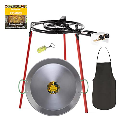 COMBOI - Set Quemador Paellero gas butano 40 cm, paellera de 46 cm, Soporte de 3 Patas, nivel, delantal, recetas de paella.