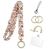 KARENSKEYS Schlüsselband mit Scrunchie Design für Ausweise und Schlüssel, Dehnbares Halsband mit Befestigungslasche für Damen, Lehrer (Weiß-rosa Blume)