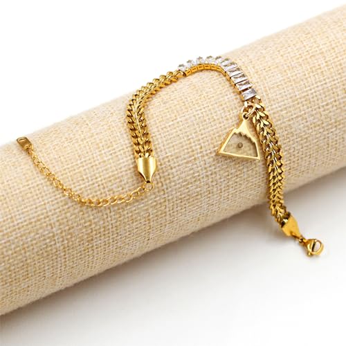 Image of Ladies Gold Double Cuban Chain, Tennis Zircon Charm Mountain /Round Mustard Seed Pendant Bracelet for Women Mom Religion Faith Jewelry